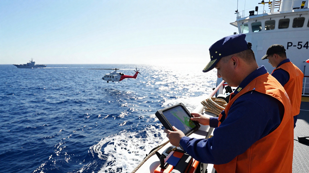 Dois homens em coletes laranja numa embarcação operam um tablet enquanto um helicóptero e um navio estão sobre o mar.