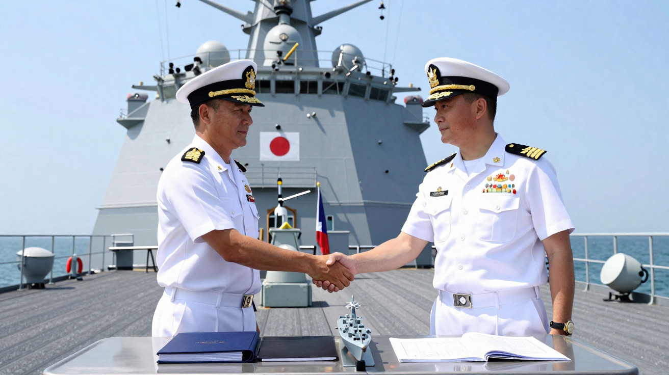 Dois oficiais navais apertam as mãos sobre uma mesa com documentos e modelo de navio a bordo de um navio militar.
