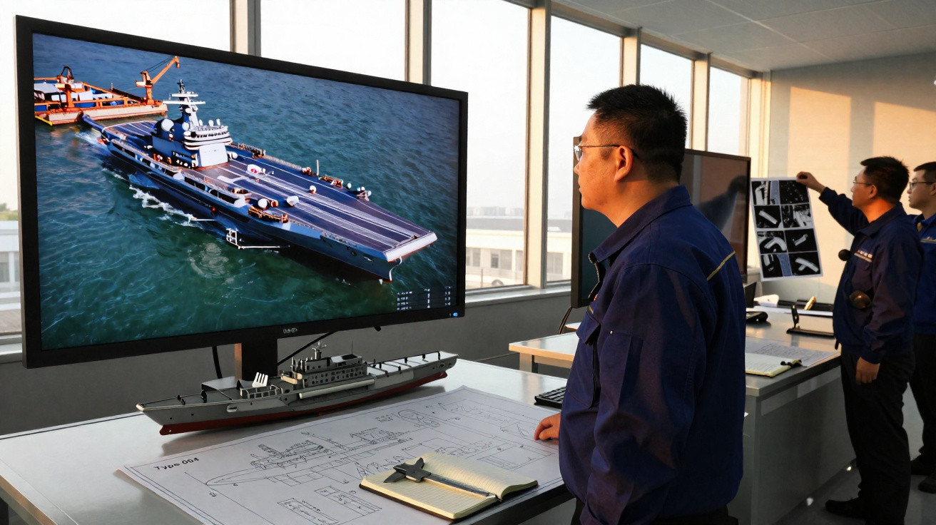 Engenheiros naval observam imagem 3D de porta-aviões em ecrã, com maquete e planos de barco na mesa.