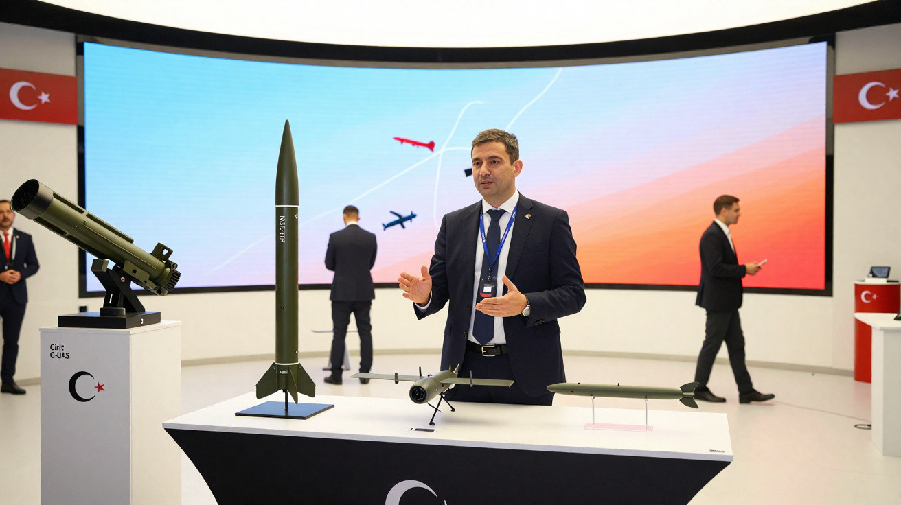 Homem de fato preto apresenta modelos de mísseis e drones em exposição com bandeira da Turquia ao fundo.