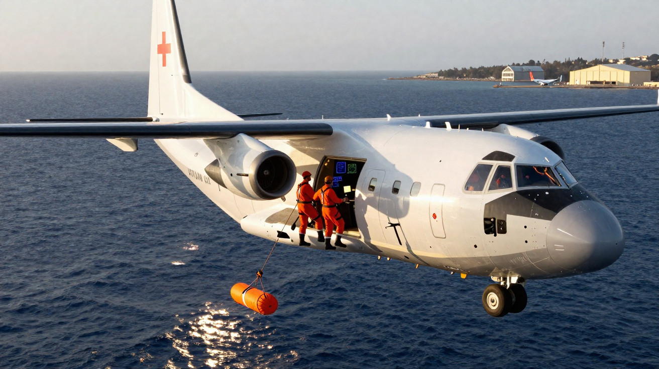 Avião de resgate com cruz vermelha e duas pessoas em fato de segurança a bordo sobre o mar.