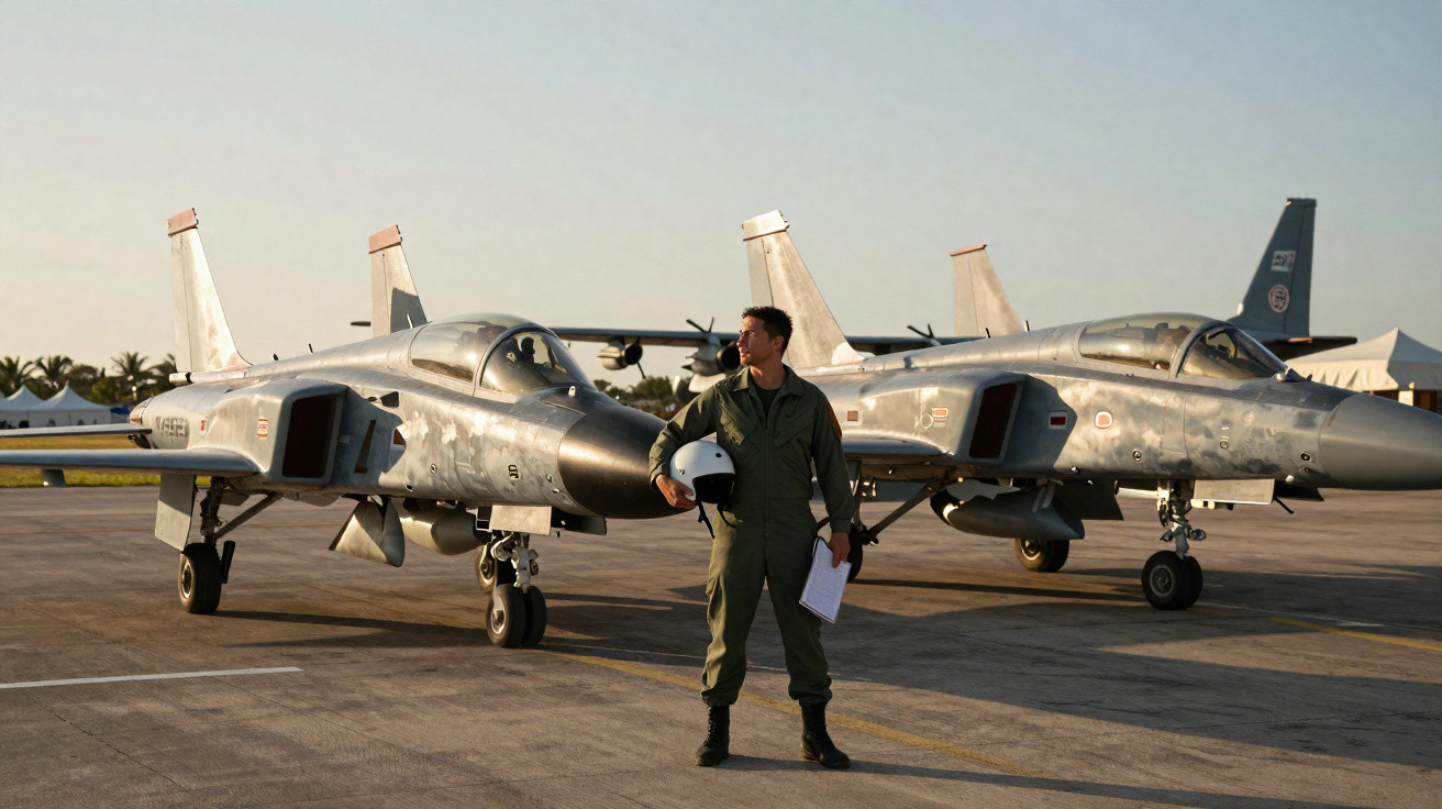 Piloto militar de pé com fato verde junto a dois jatos de combate estacionados no aeroporto ao pôr do sol.