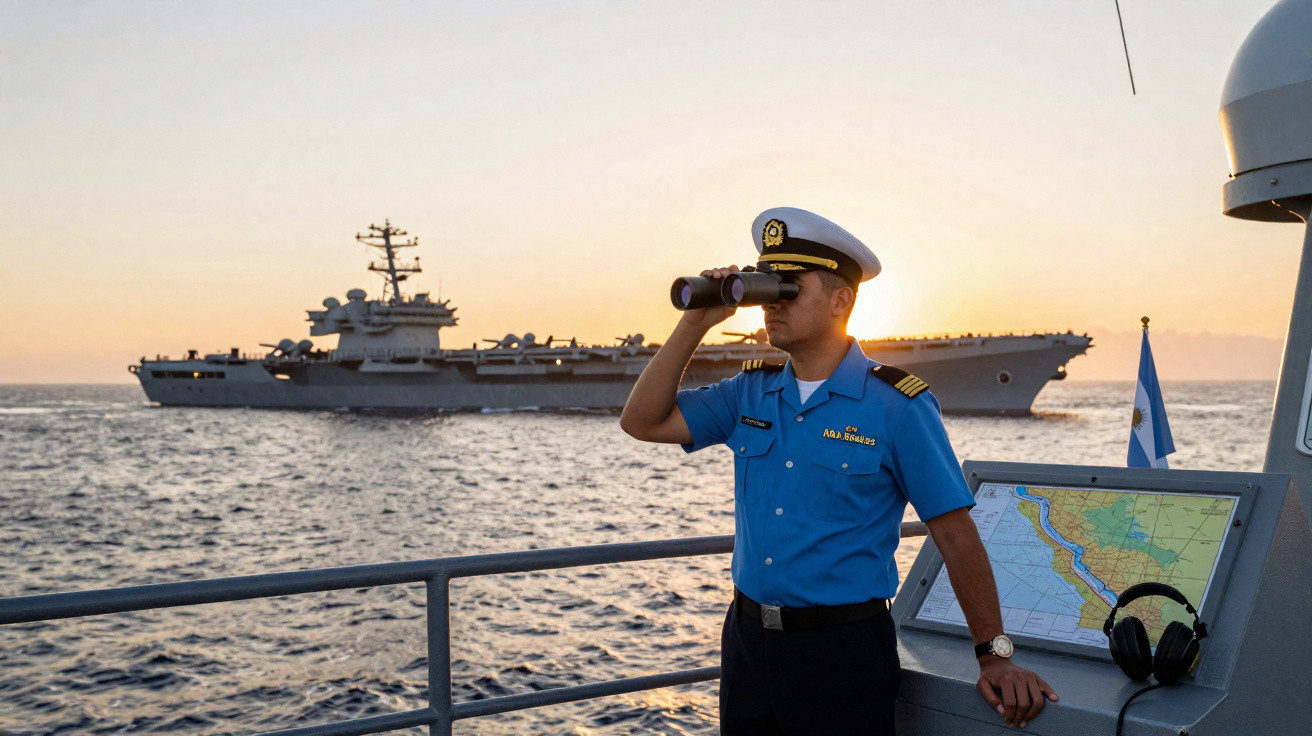 Militar naval com uniforme azul observa com binóculos a bordo de navio, com porta-aviões ao fundo ao pôr do sol.