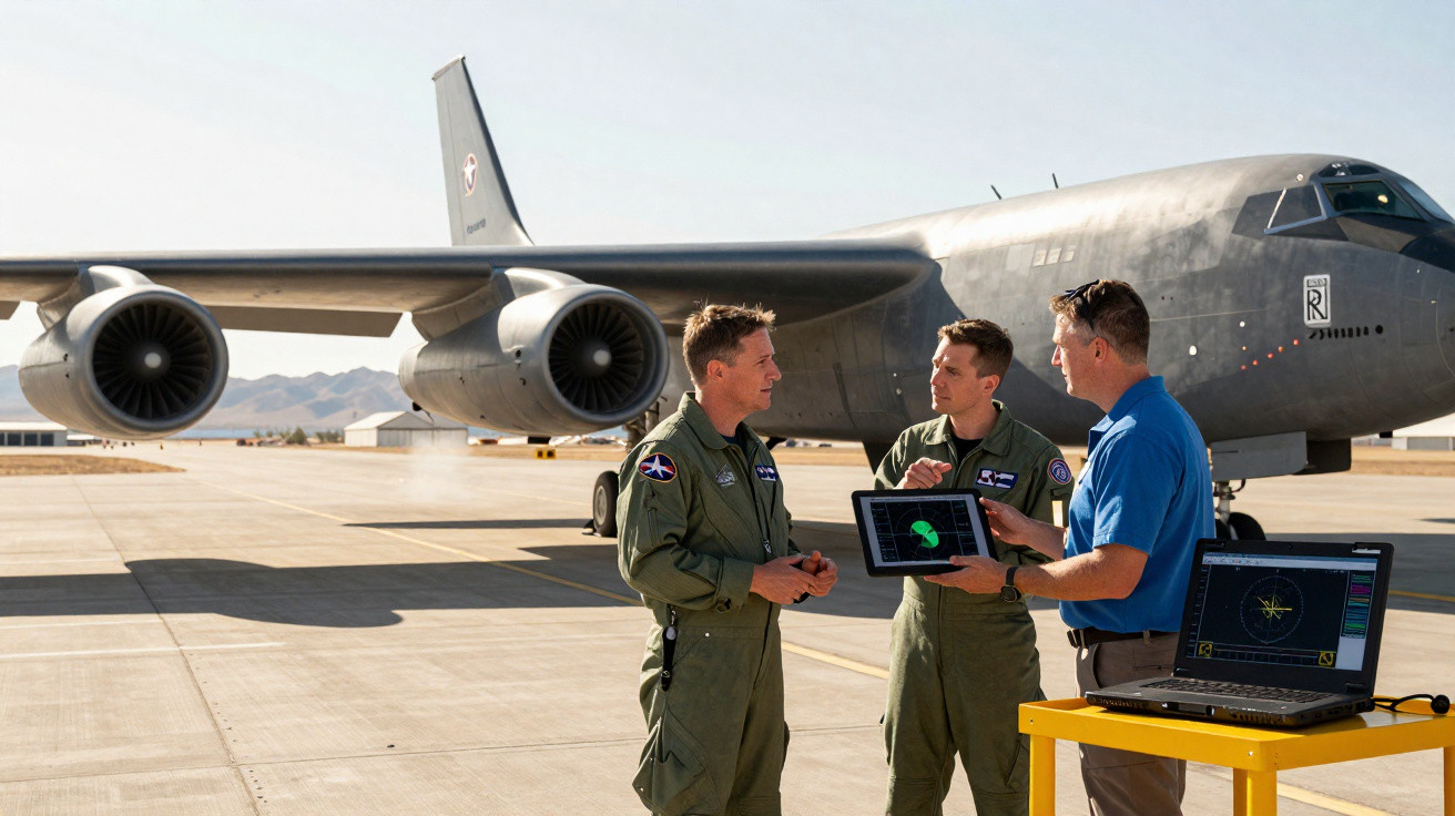 Três homens falam junto a um avião militar num aeroporto, com dois computadores numa bancada amarela.