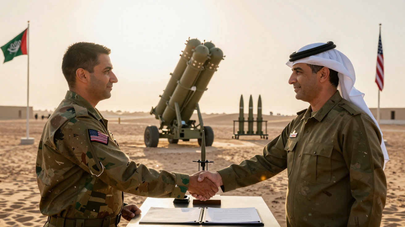 Dois militares a apertar as mãos num deserto com armas e bandeiras dos Estados Unidos e Arábia Saudita ao fundo.