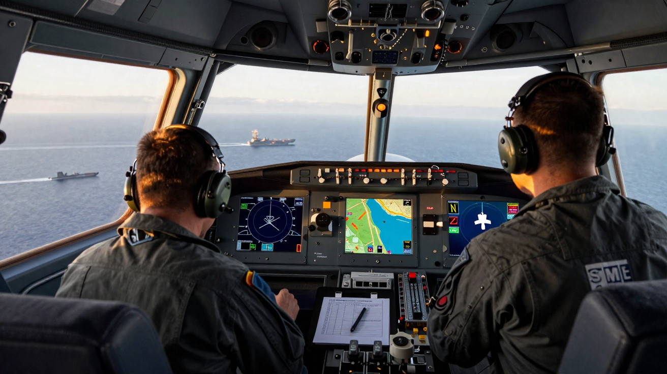 Dois homens com fones na cabine de comando de uma embarcação no mar, com navios ao longe.