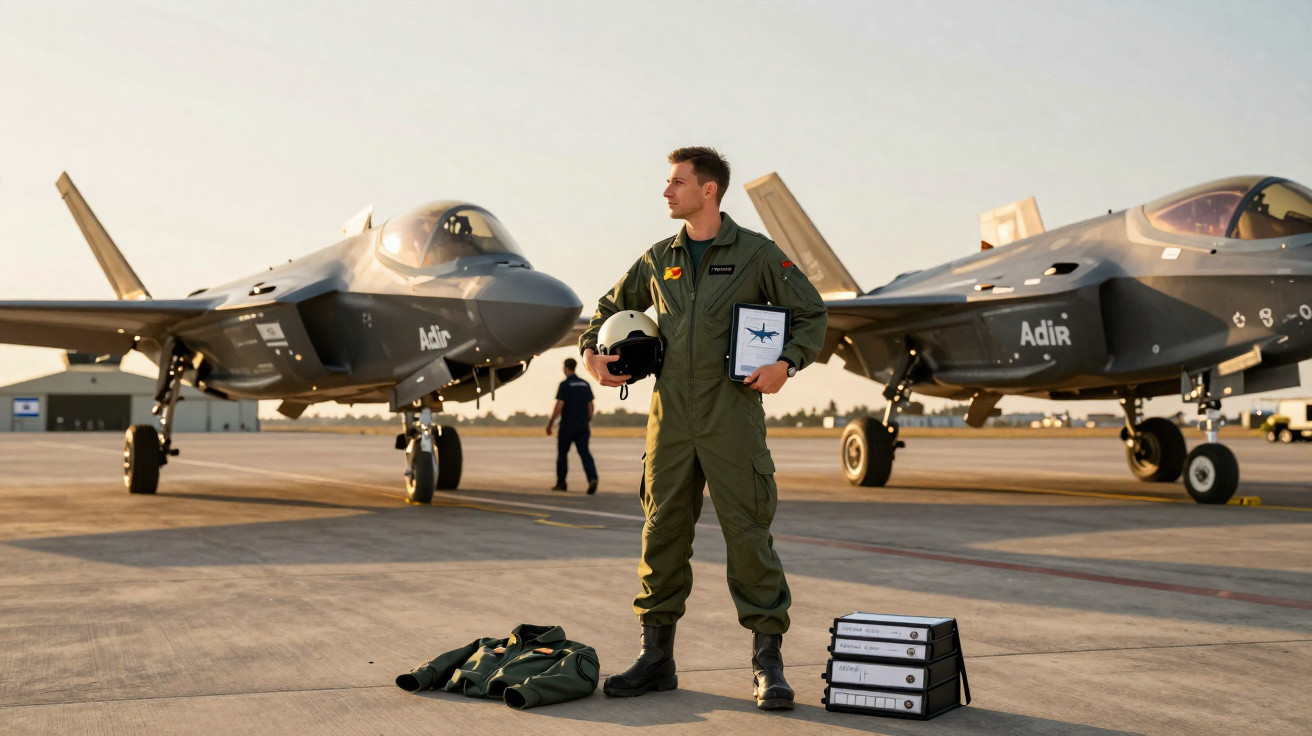 Piloto militar com fato verde junto a dois caças F-35 estacionados num aeródromo ao pôr do sol.