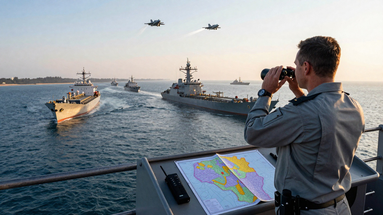 Oficial da marinha observa frota naval e aviões de combate a partir de um navio, com mapa na frente.