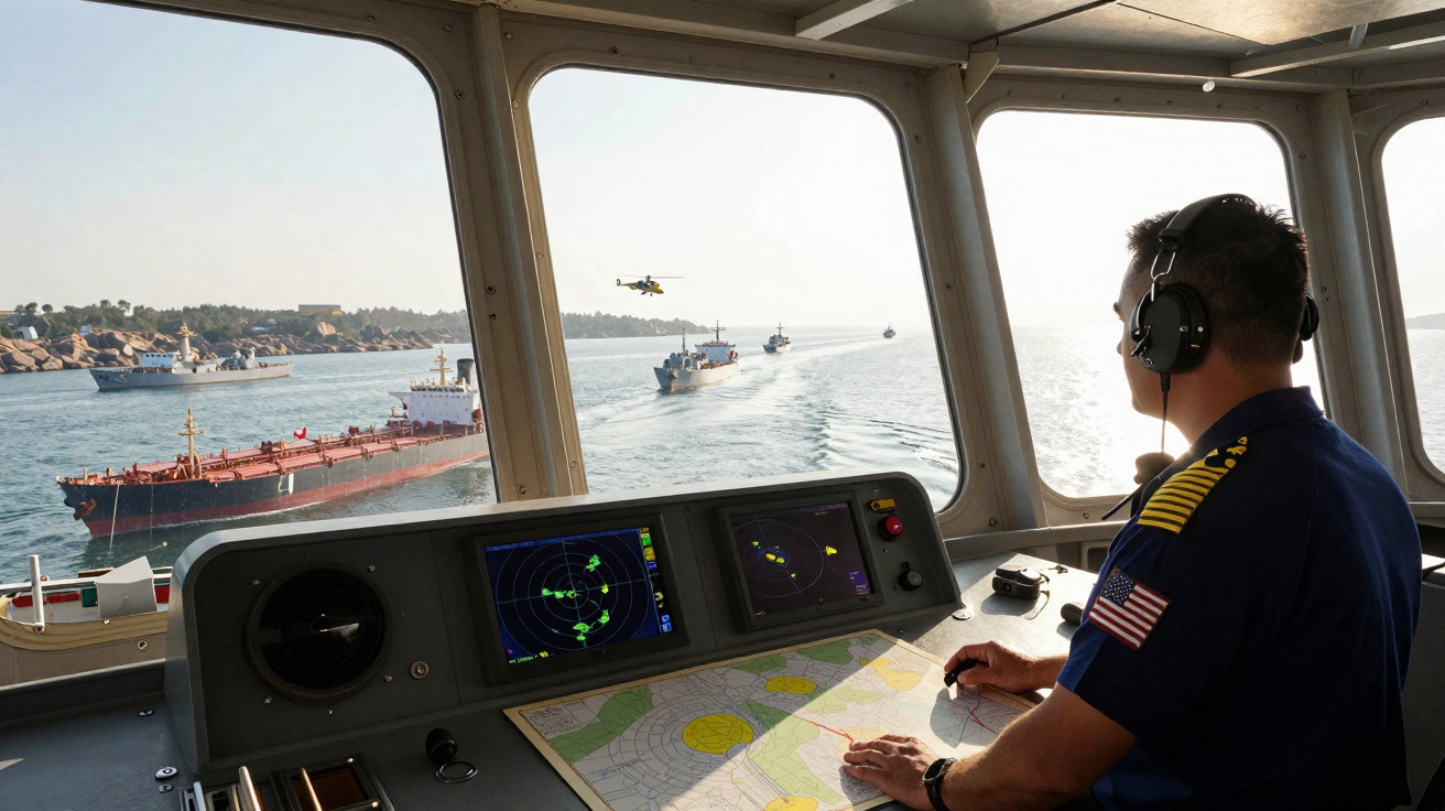 Homem com auscultadores a controlar navios e helicóptero a partir da ponte de comando de um navio militar.