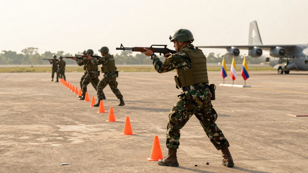 Soldados em uniforme camuflado a praticar treino de tiro ao alvo numa pista aérea com avião e bandeiras ao fundo.