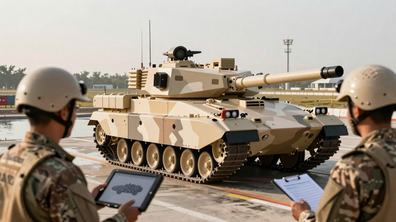 Tanque militar camuflado em tons castanhos com dois soldados de capacete a observá-lo numa base aérea.