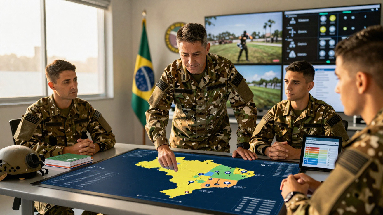 Quatro militares brasileiros em uniforme de camuflagem analisam mapa digital do Brasil numa mesa interativa.