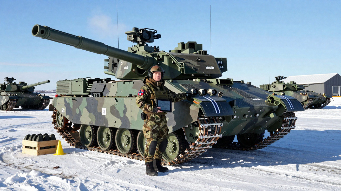 Soldado norueguês em uniforme de camuflagem posa junto a um tanque militar verde na neve com céu limpo.