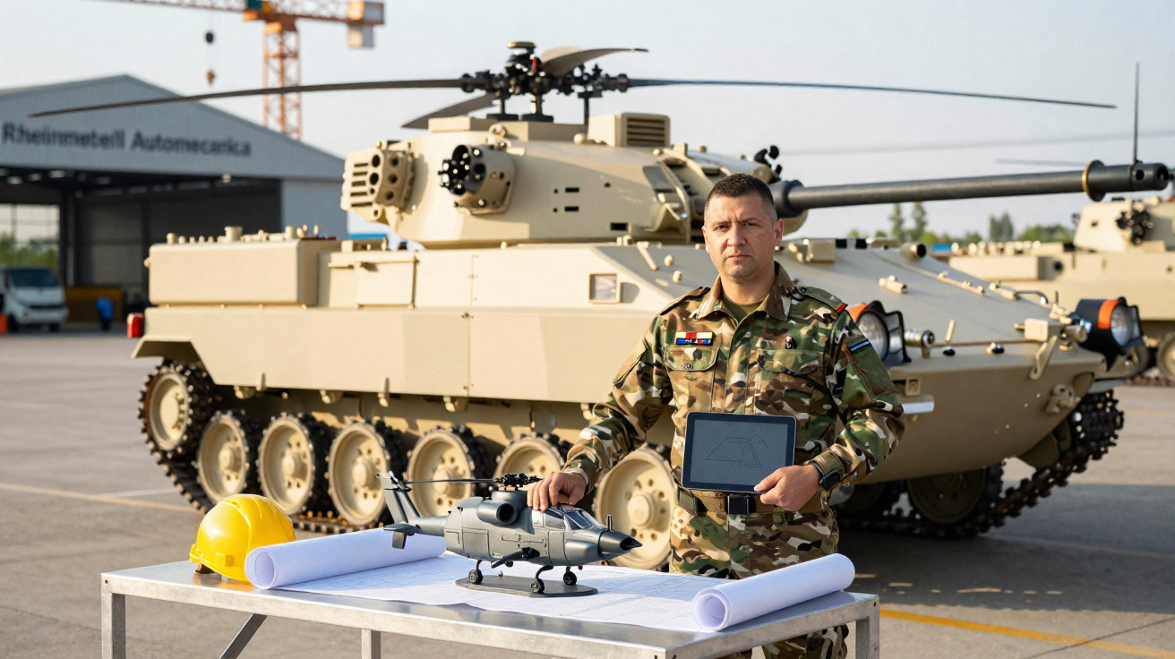 Militar em uniforme camuflado com maquete de helicóptero e tanque militar no fundo, ao ar livre.