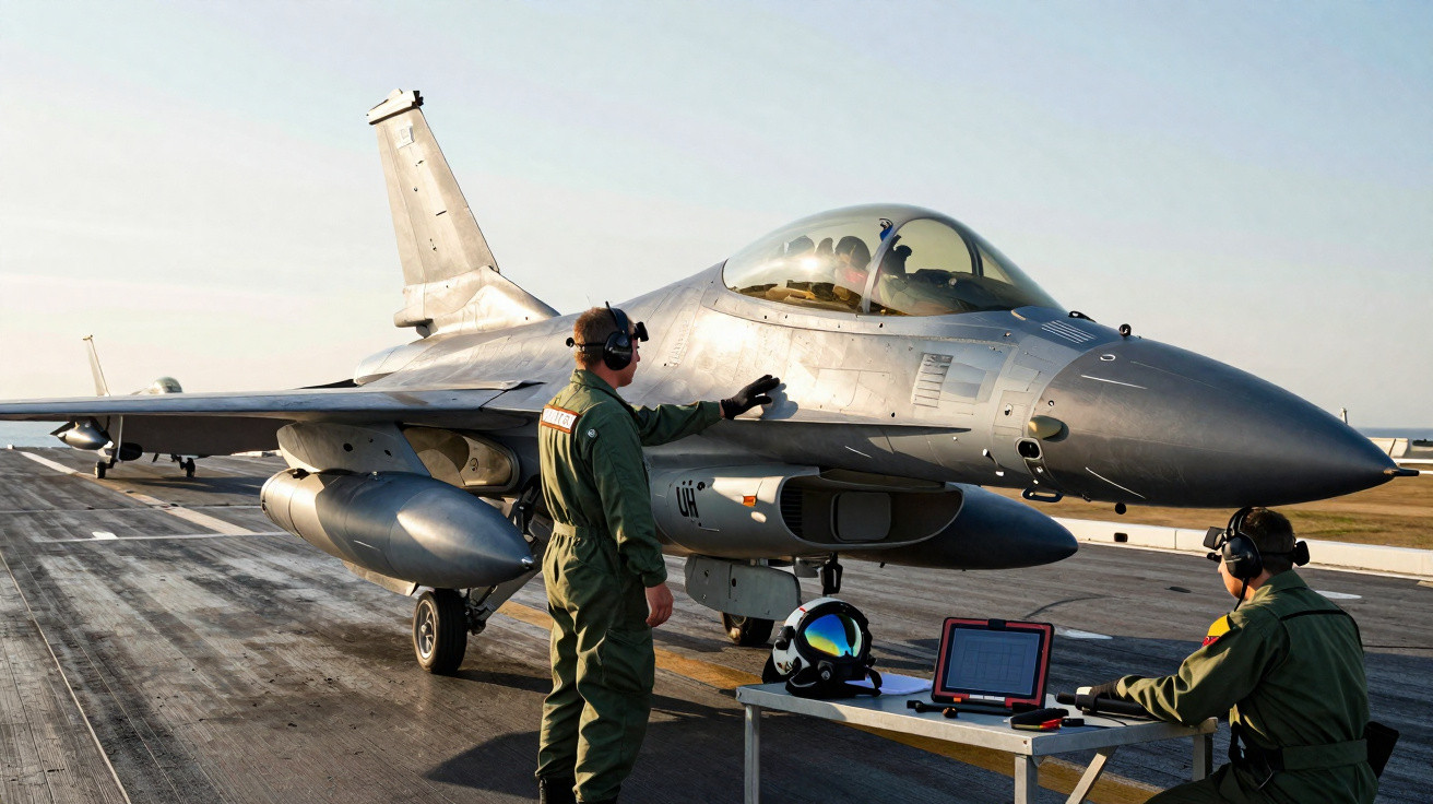 Dois militares em uniforme verde preparam um caça F-16 numa pista de aterragem ao pôr do sol.