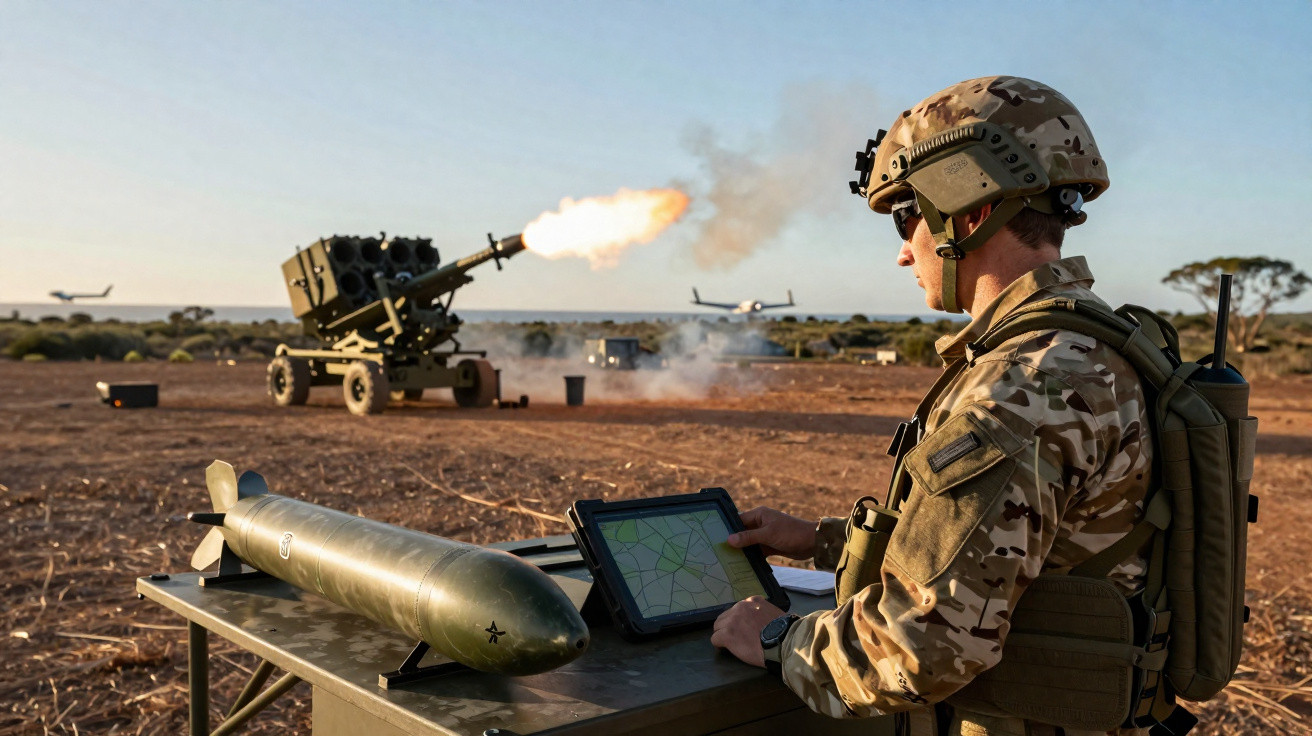 Soldado com equipamento militar opera tablet junto a peça de artilharia disparando em terreno aberto.