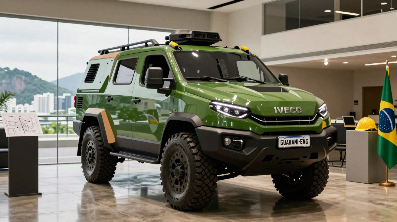 Veículo todo-o-terreno verde Iveco Guarani exposto em interior moderno com bandeira do Brasil.