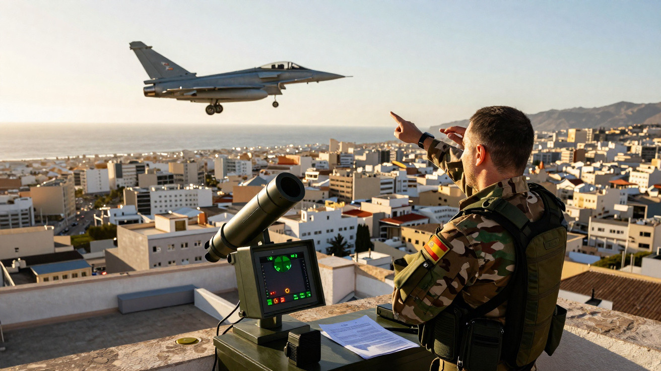 Militar em uniforme camuflado opera equipamento de controlo enquanto caça militar voa sobre cidade costeira ao pôr do sol.