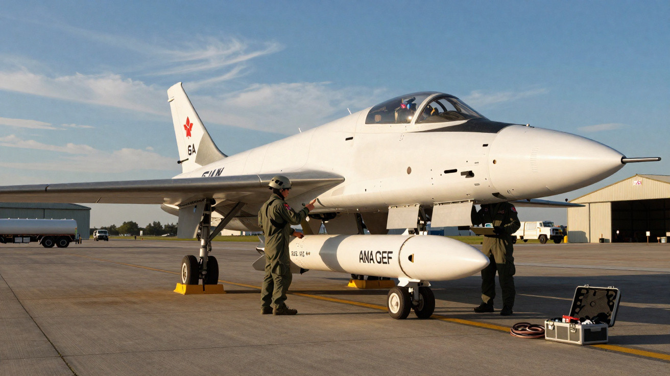 Avião militar branco estacionado na pista com dois militares em uniforme ao lado.