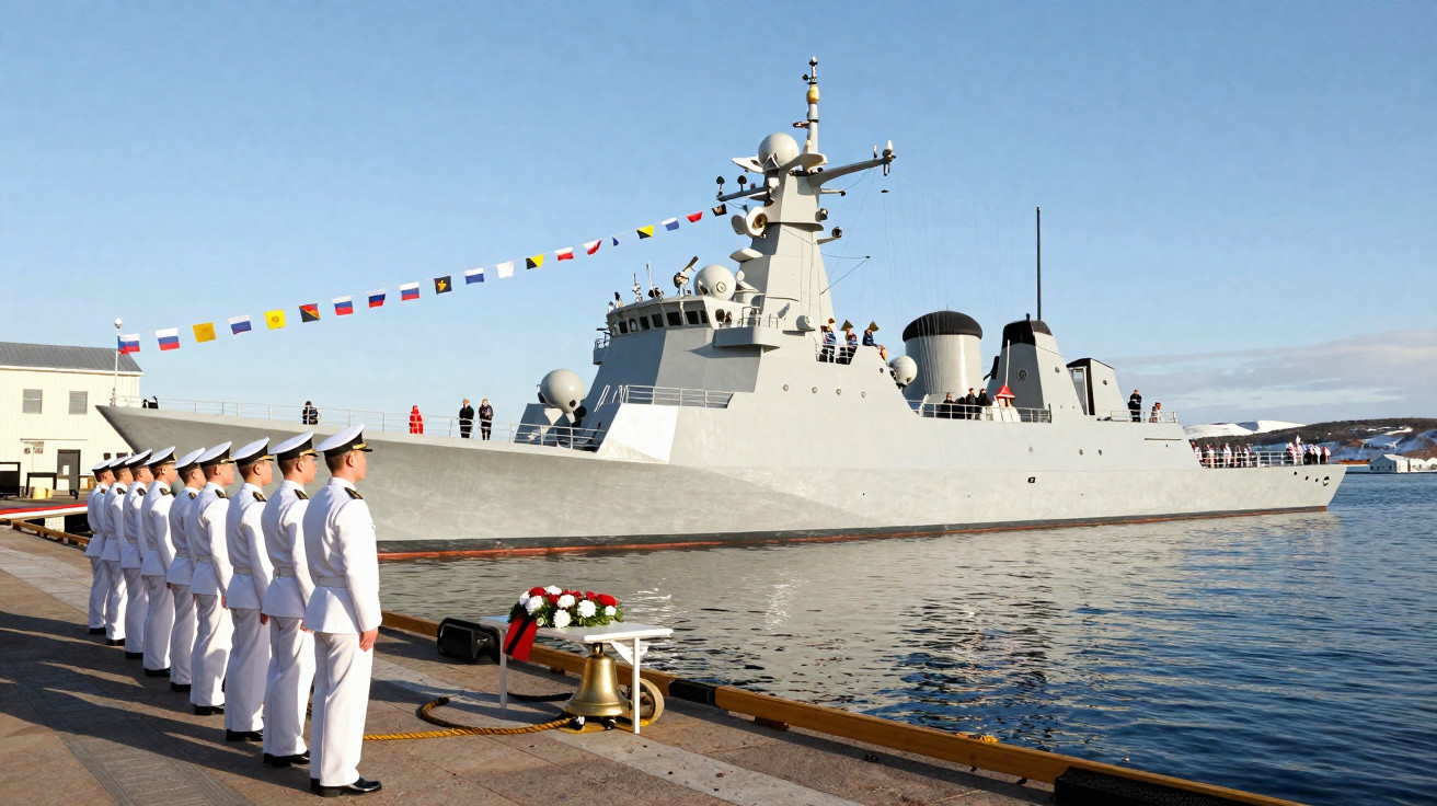 Marinheiros em uniforme branco alinhados junto a um navio militar atracado em cais com bandeiras náuticas.