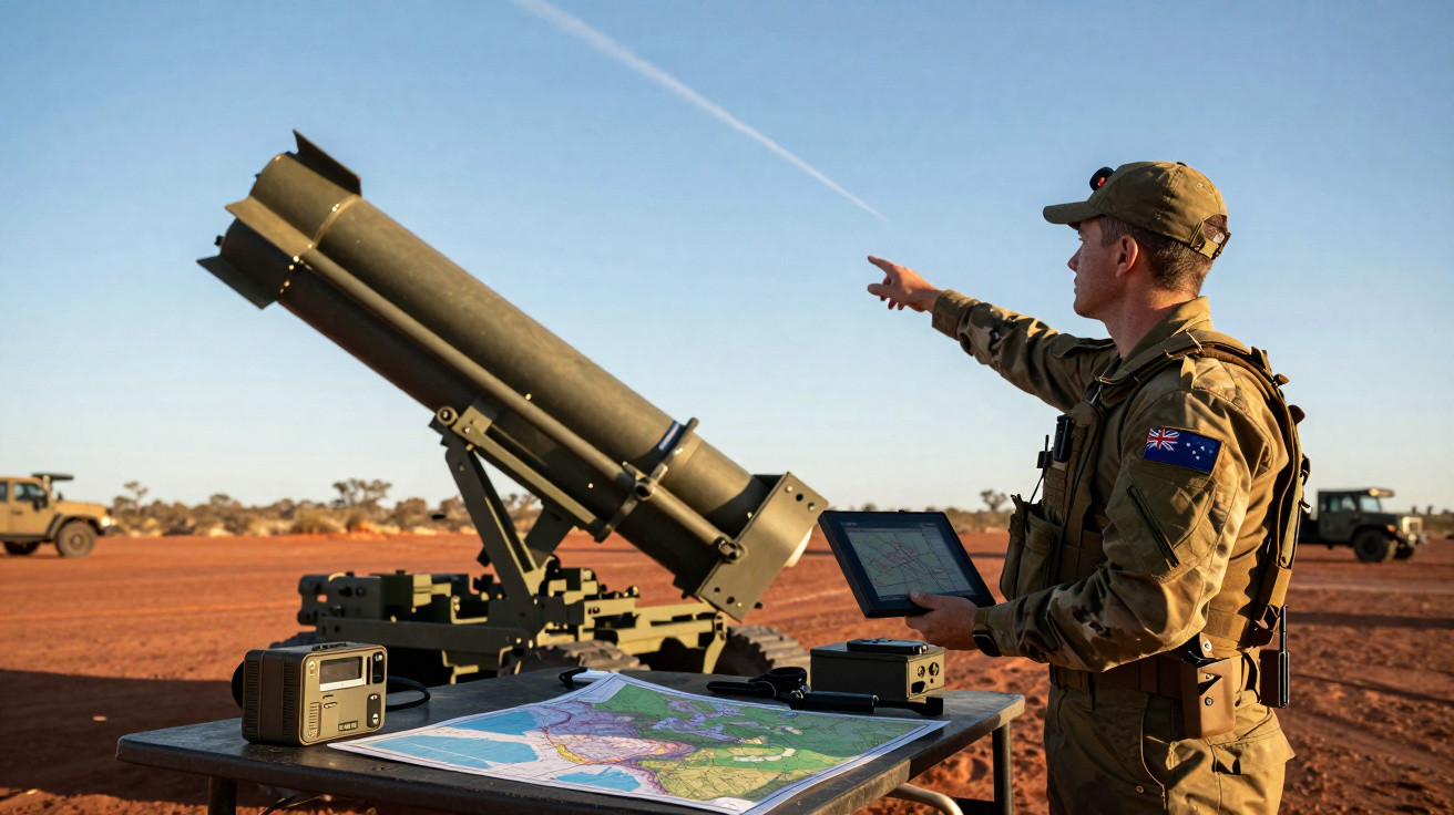 Soldado australiano em uniforme ao lado de equipamento militar e mapa sobre mesa em terreno árido e céu limpo.