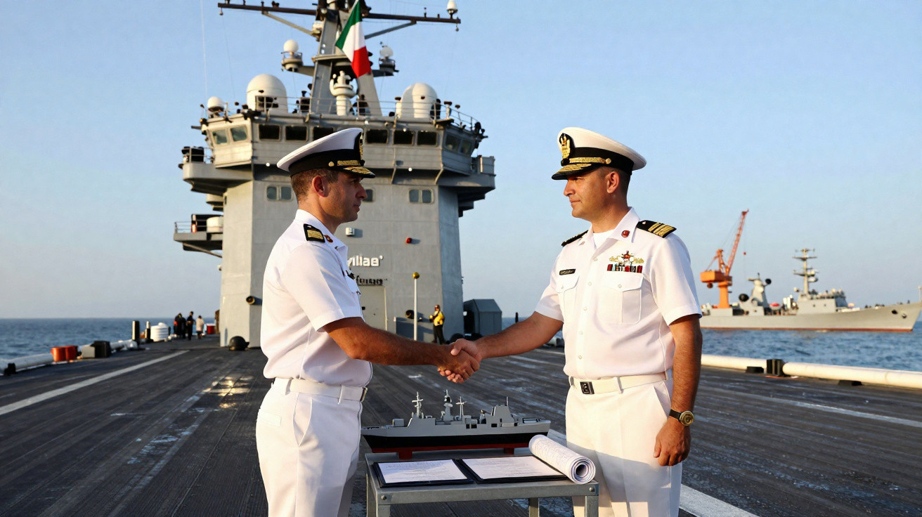 Dois oficiais da marinha em uniforme branco apertam as mãos no convés de um porta-aviões.