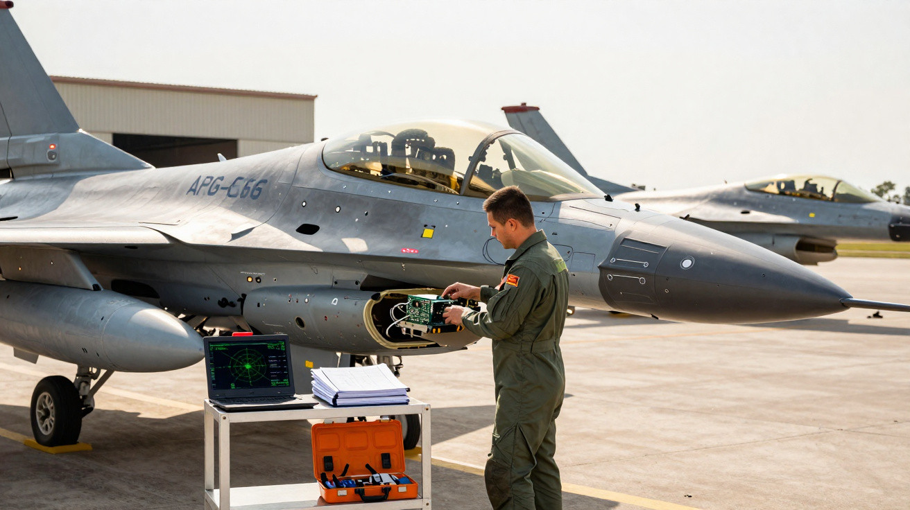 Técnico militar a reparar equipamentos eletrónicos de um caça F-16 estacionado numa pista de aeroporto.