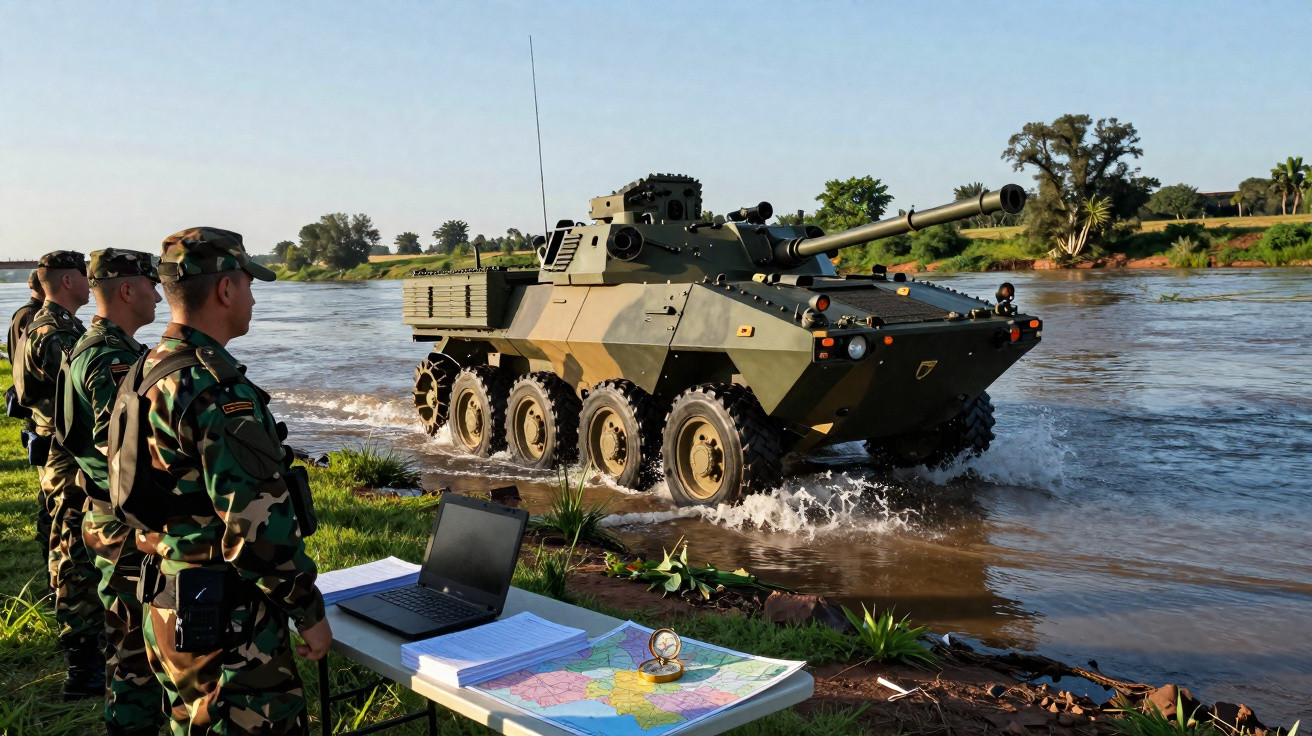 Tanque militar a rodas atravessa rio enquanto soldados observam mapas e computador num dia ensolarado.