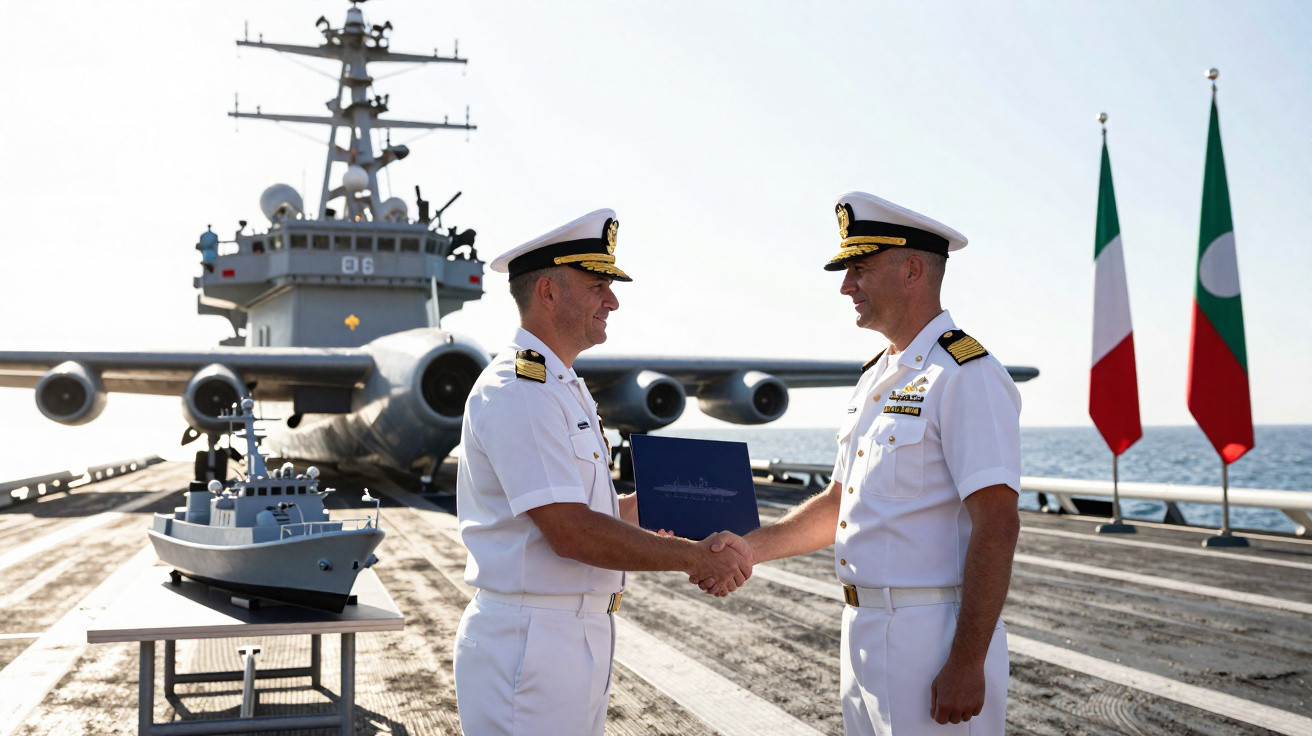 Dois oficiais navais em uniforme branco apertam as mãos num convés com modelo de navio e avião ao fundo.