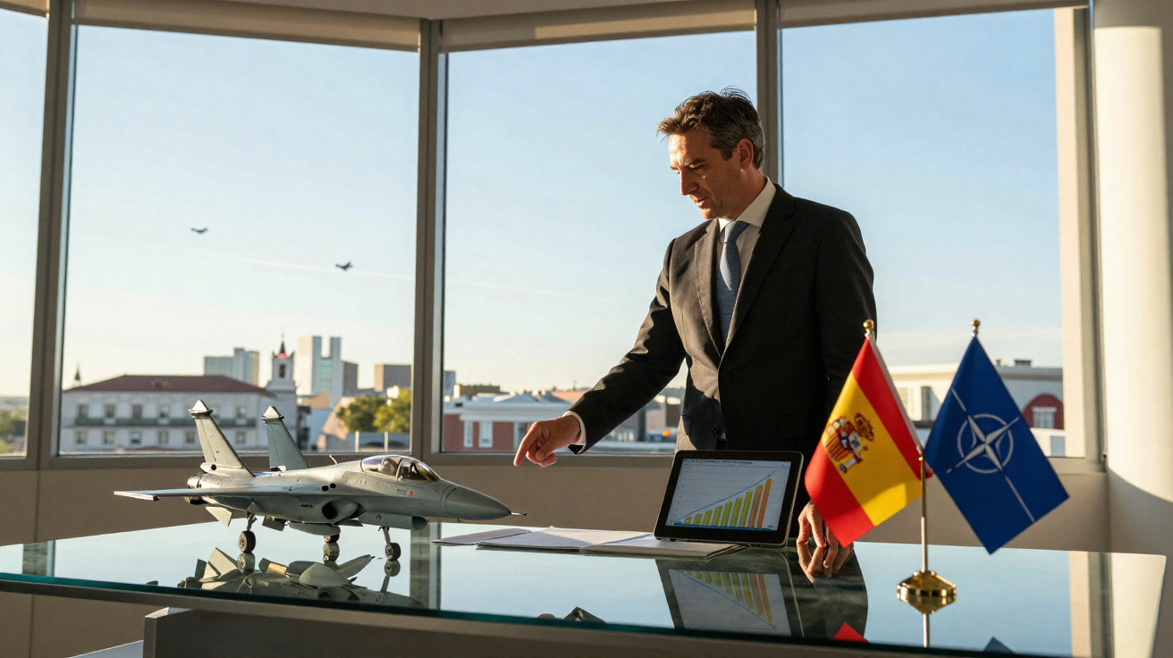 Homem de negócios em escritório com maquete de avião militar e bandeiras de Espanha e NATO na secretária.