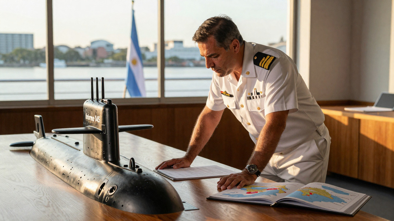 Homem em uniforme naval examina maquete de submarino e mapas numa sala com bandeira argentina ao fundo.