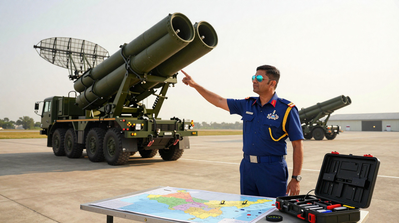 Oficial militar com uniforme azul e óculos de sol aponta para sistema de defesa antimísseis num aeroporto militar.