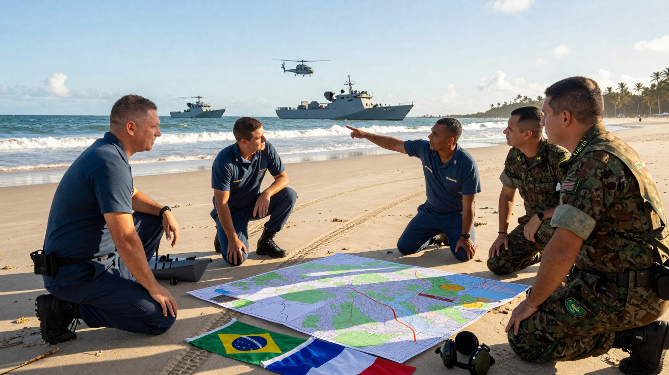 Militares reunidos na praia com mapa e bandeiras, navios e helicóptero ao fundo no mar.