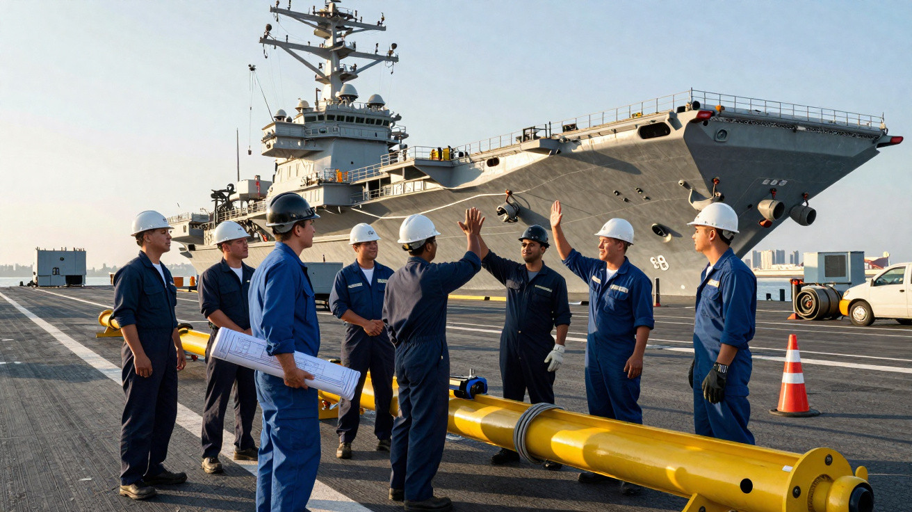 Marinheiros de uniforme e capacete branco em convoo com porta-aviões ao fundo, numa doca naval.
