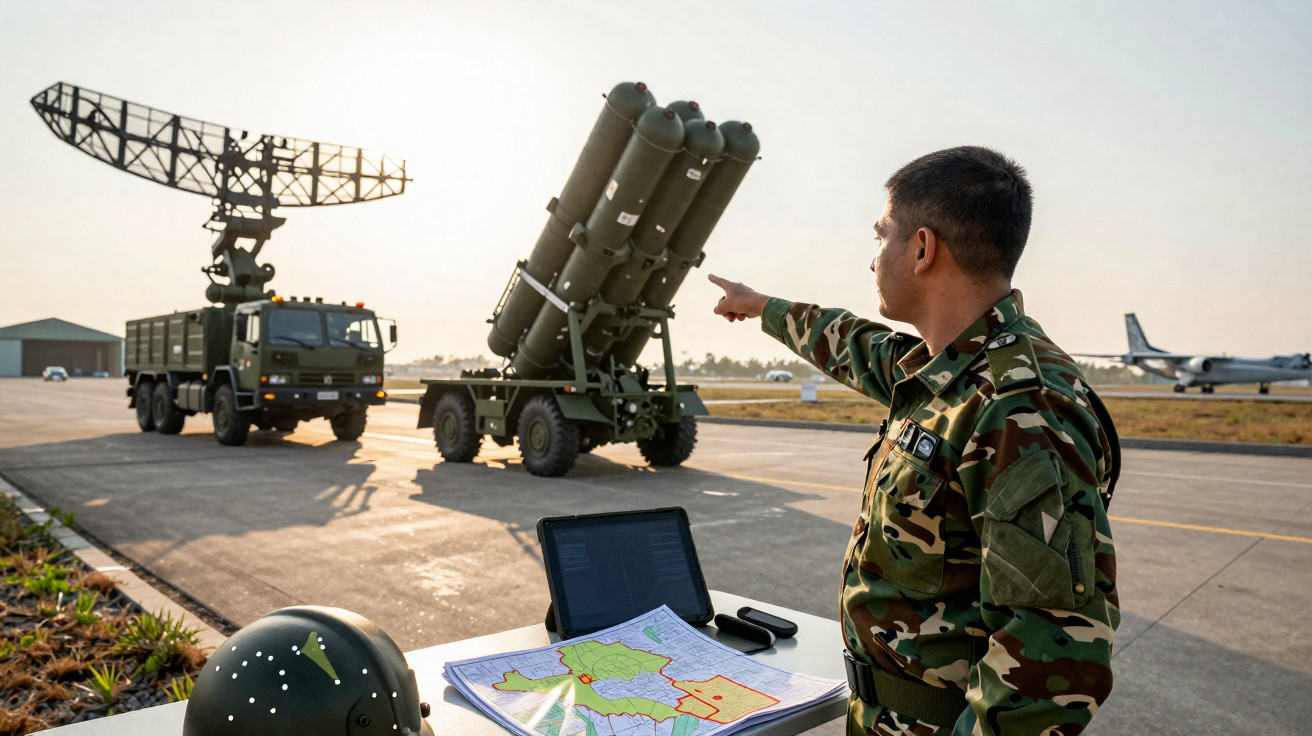 Soldado em uniforme camuflado indica equipamento militar com radar e lançador de mísseis numa pista aérea ao entardecer.