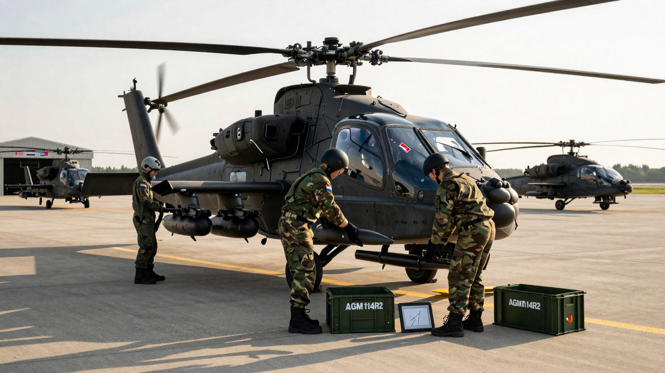 Soldados carregam munição em helicópteros militares estacionados numa pista de aeroporto ao pôr do sol.