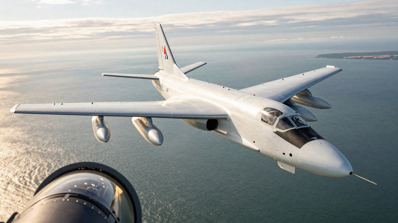 Avião militar branco em voo sobre o mar com céu nublado ao fundo vista da cabine de outro avião.