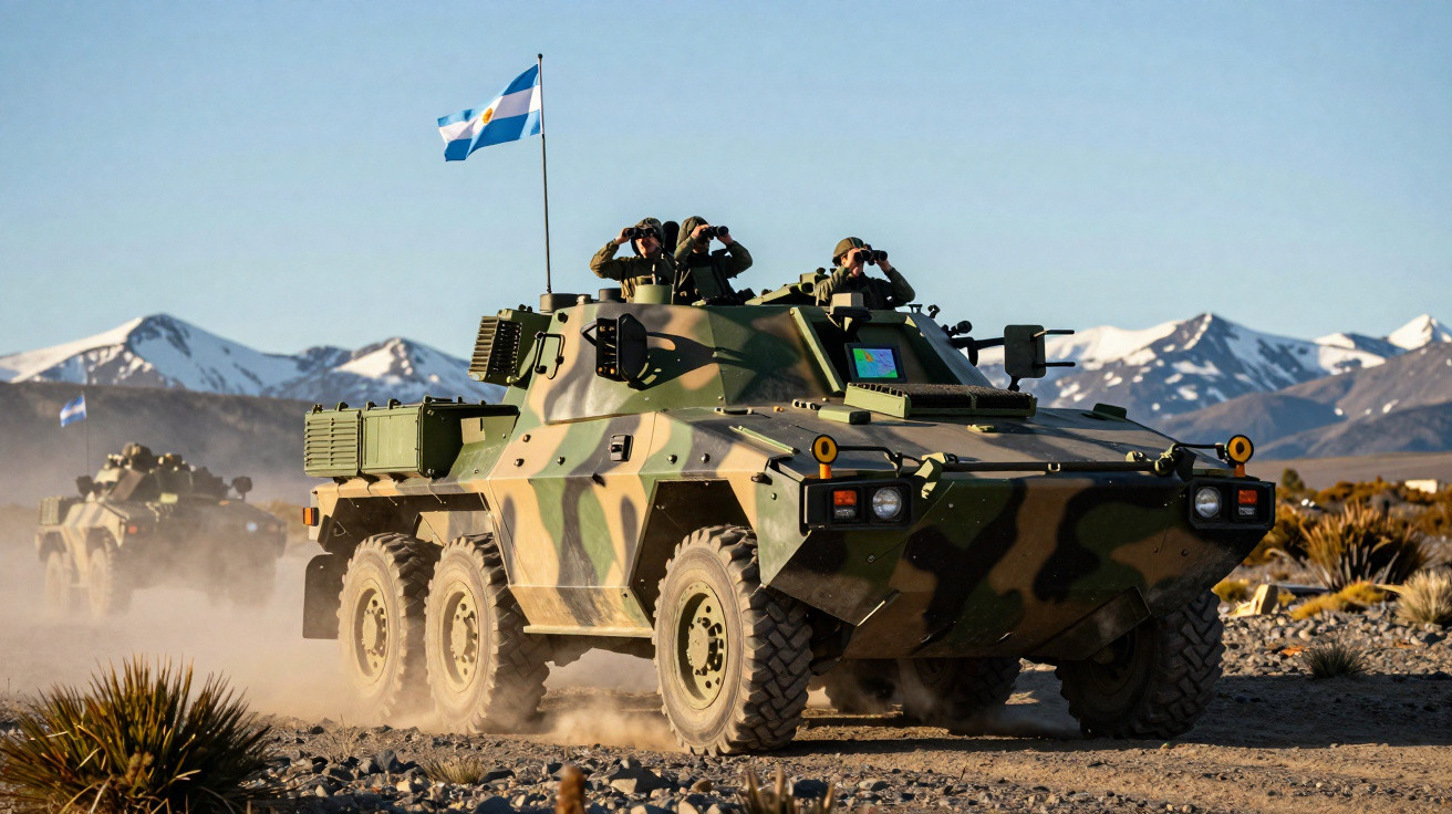 Veículo militar blindado com camuflagem em terreno rochoso, com soldados e bandeira da Argentina.