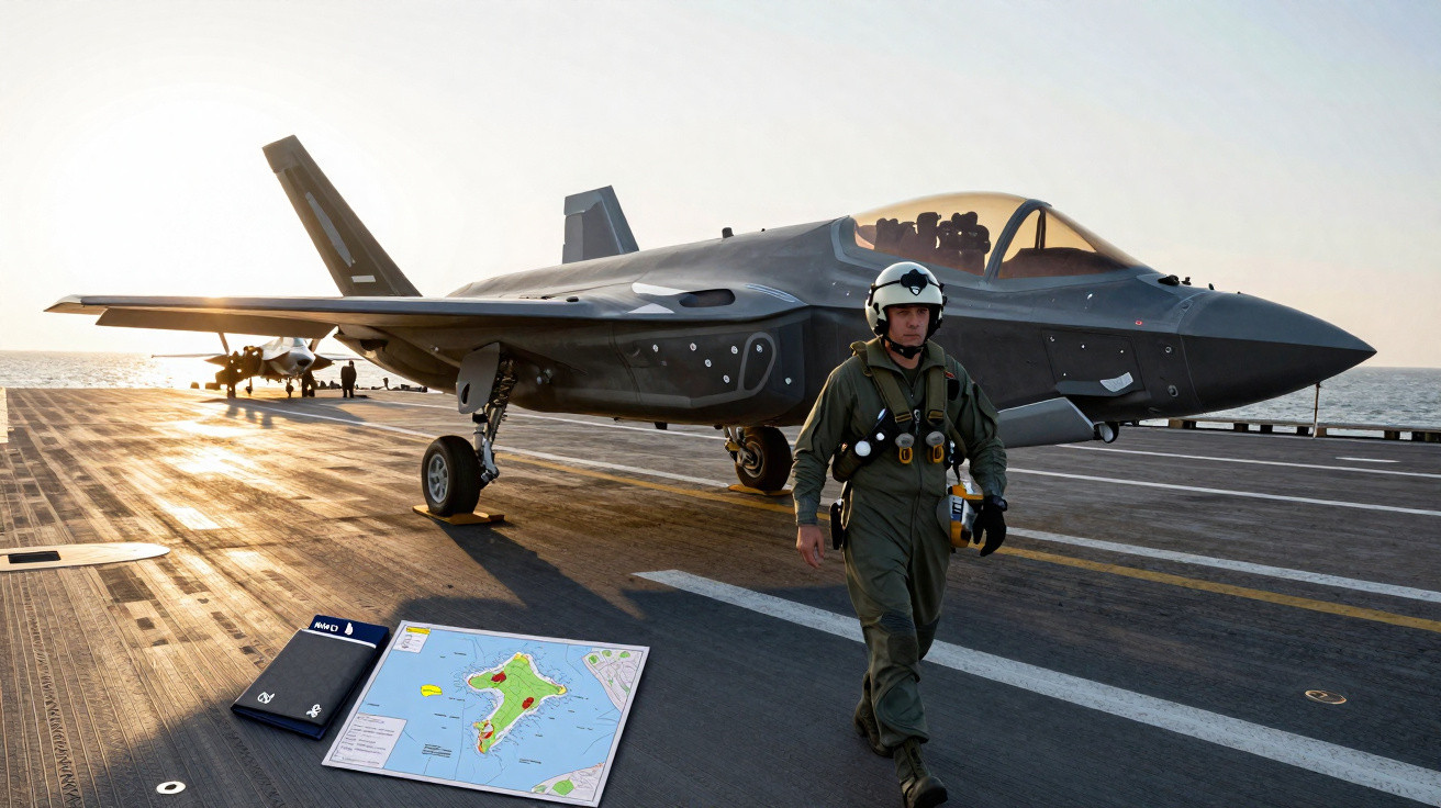 Piloto militar vestido com fato de voo e capacete caminha na pista de um porta-aviões próximo a um caça furtivo ao pôr do sol