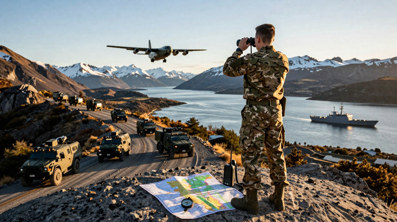 Soldado observa avião com binóculos em cenário montanhoso com veículos militares e navio no rio.