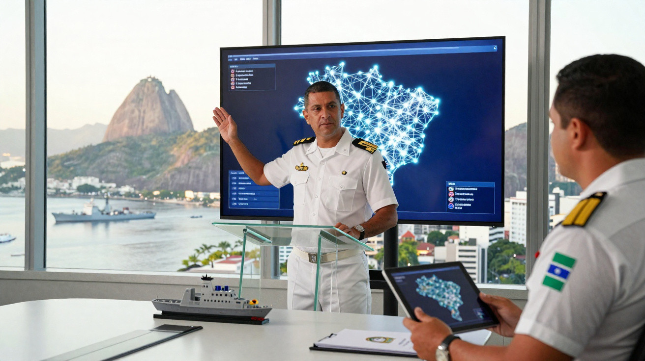 Dois militares da marinha brasileira em reunião com mapa digital do Brasil em monitor e tablet, e modelo de navio sobre mesa.