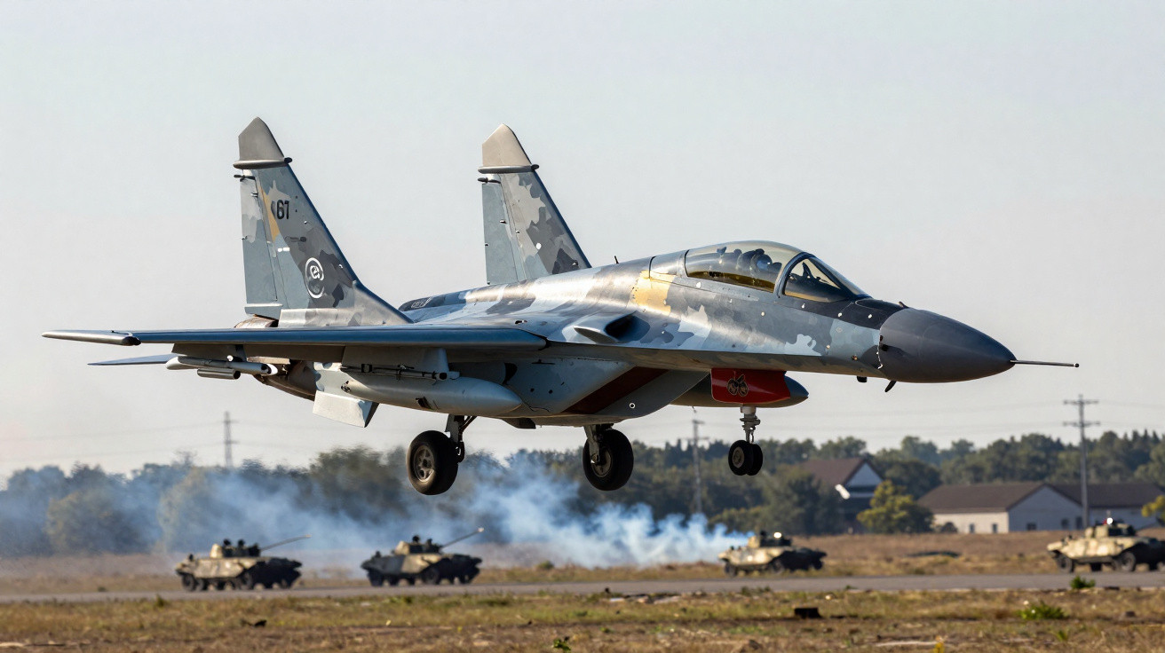 Avião militar de combate em camuflagem cinzenta a descolar sobre campo com tanques e fumo ao fundo.