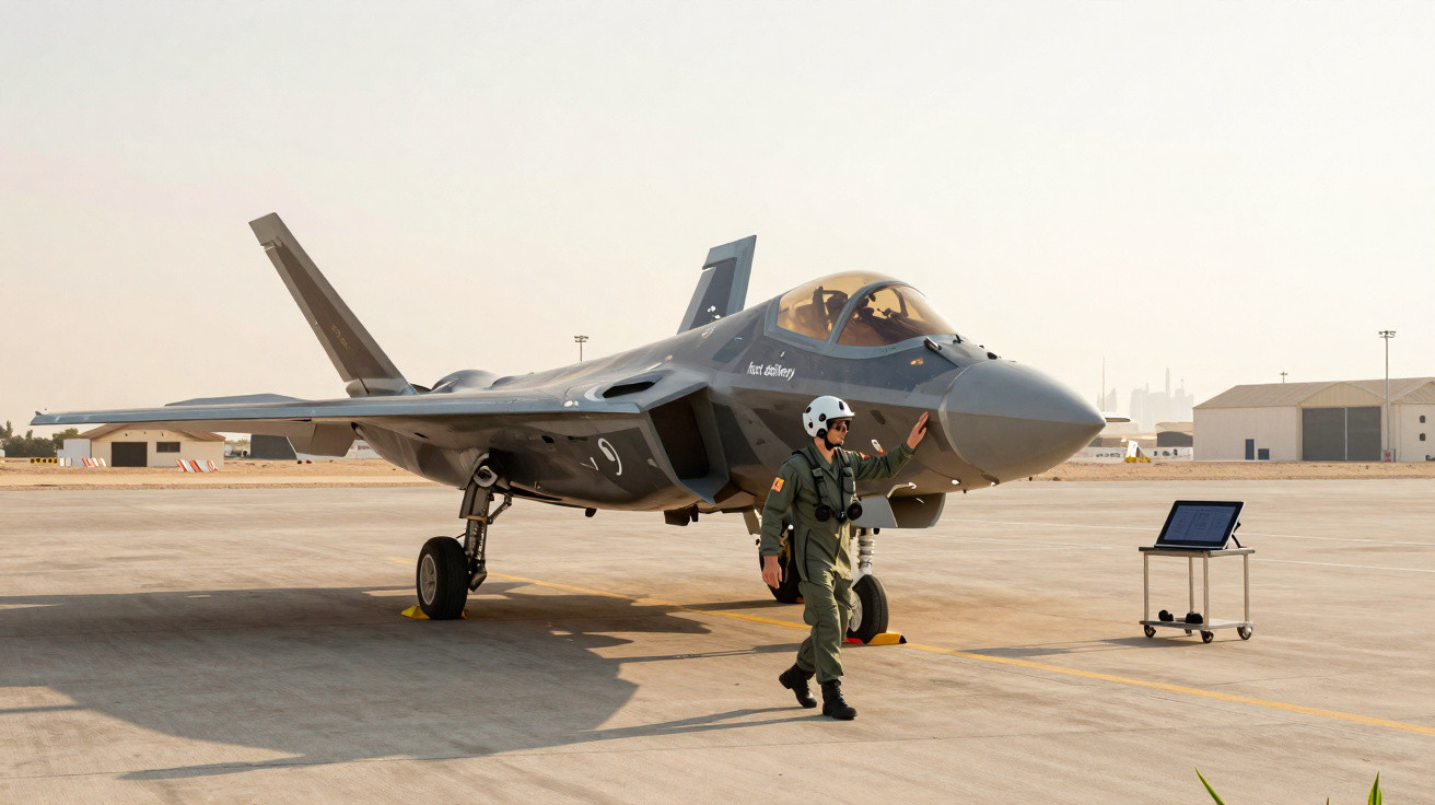 Avião de caça stealth estacionado em pista com piloto vestido de uniforme militar a caminhar ao lado.