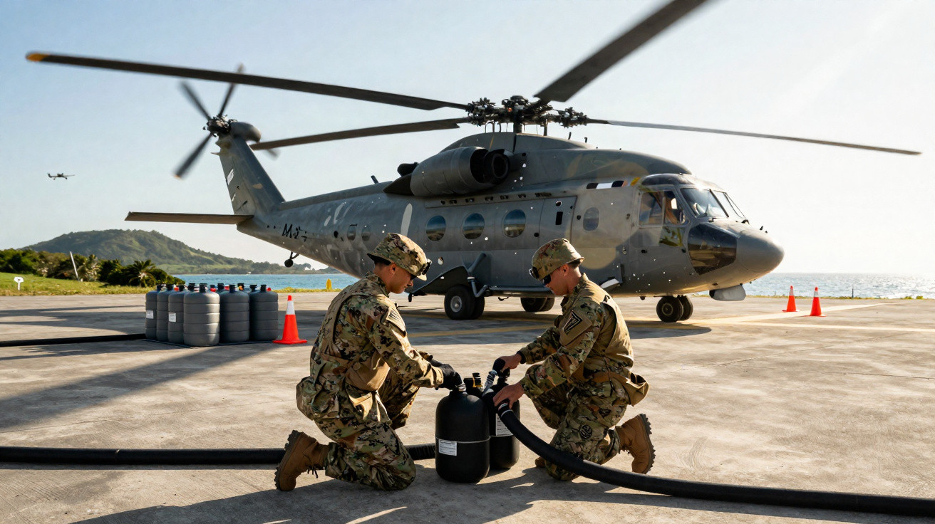 Dois militares em uniforme retiram mangueira de equipamento próximo a helicóptero estacionado junto ao mar.