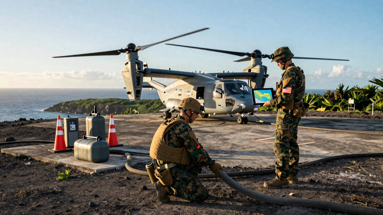 Dois militares junto a um helicóptero em zona costeira, um está agachado a segurar uma mangueira e o outro a usar um tablet.