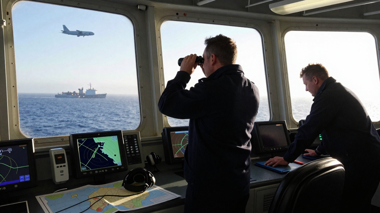 Dois homens a controlar navegação e observação num navio com avião a voar e outro navio no mar.