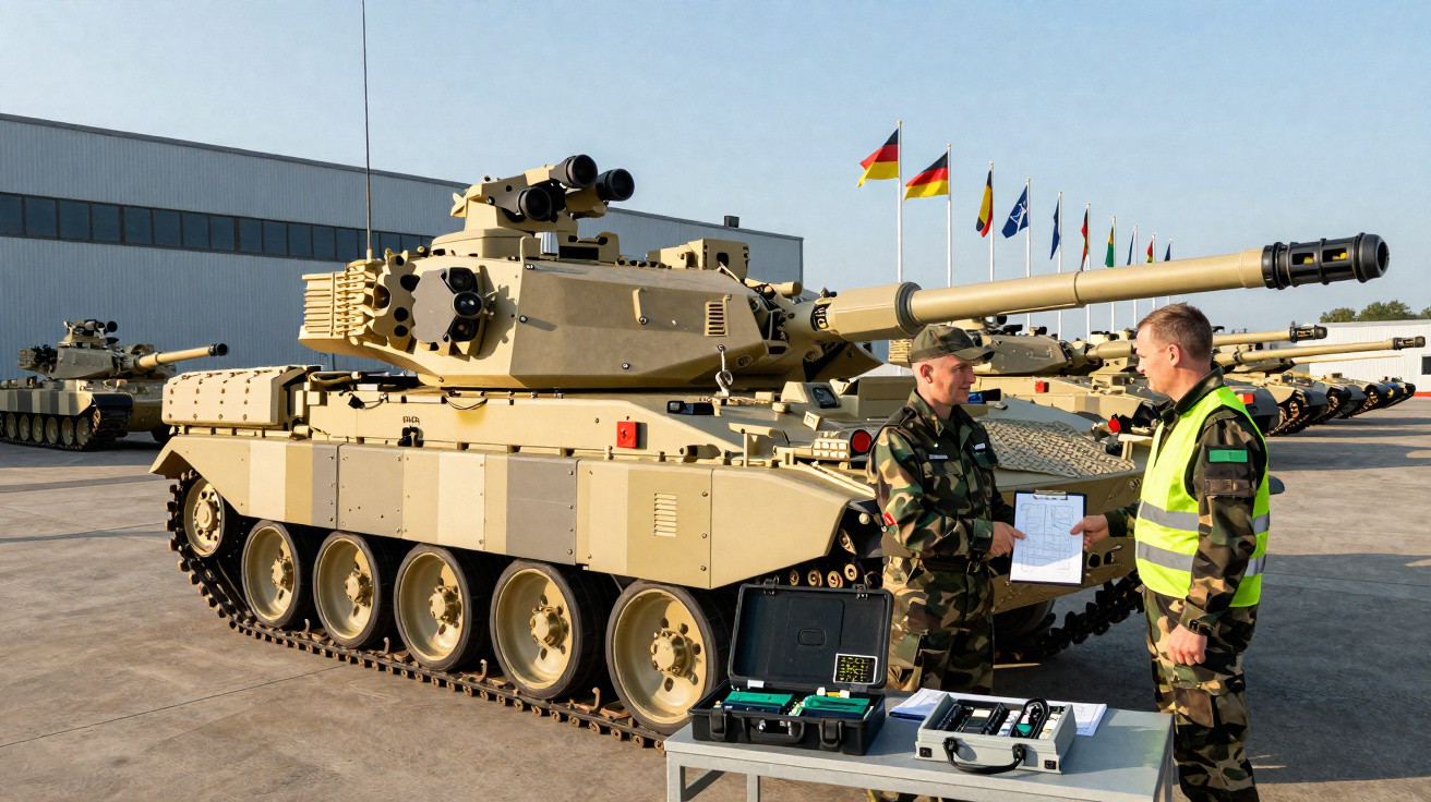 Tanque militar camuflado com superfície cinzenta, dois soldados em uniforme a conversar e várias bandeiras ao fundo.