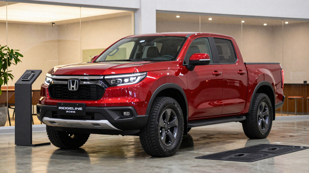 Pick-up Honda Ridgeline 2025 vermelha em exposição moderna, em ambiente interior bem iluminado.