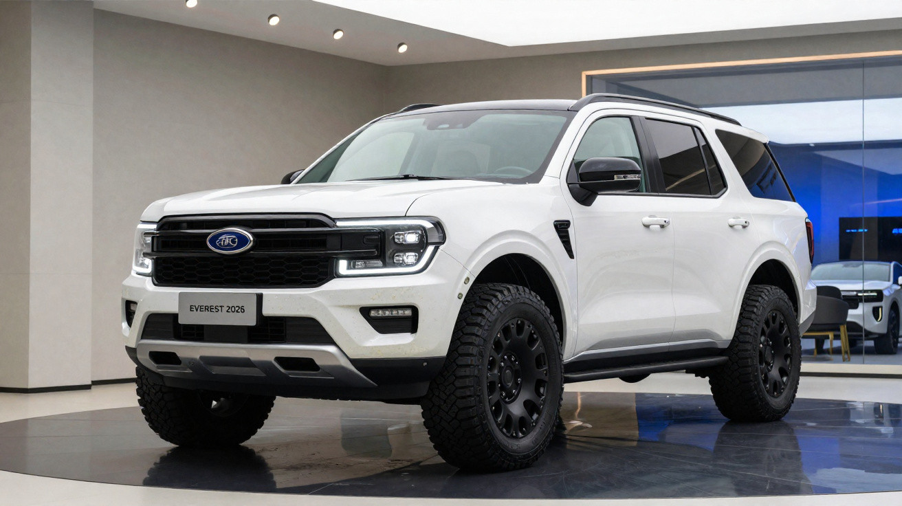 SUV branco ATG Everest 2026 em ambiente interior com rodas pretas e design robusto.