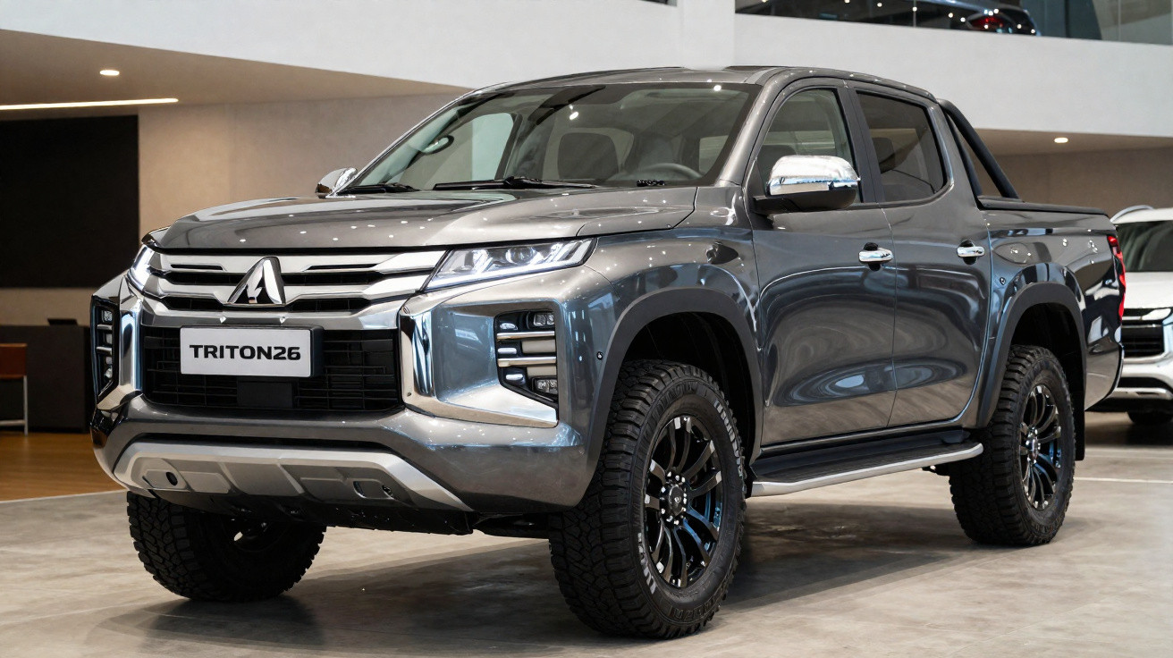 Picape Mitsubishi Triton26 cinza estacionada dentro de concessionária moderna.